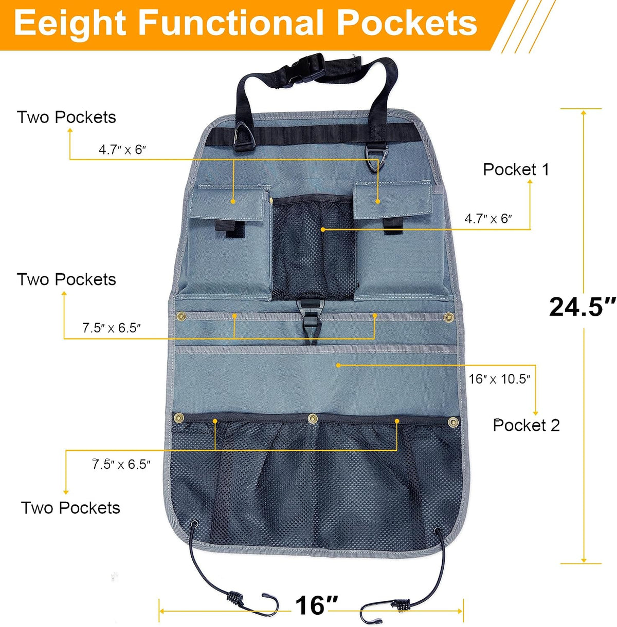 Car Seat Back Organizer with Multiple Storage Pockets, Black Mesh and Fabric, Universal Fit (grey)