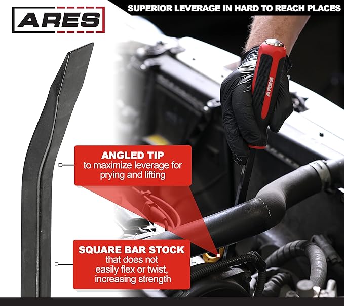 ARES 46007-17.5-Inch Pry Bar - Angled Tip for Lifting and Prying - Comfortable Non-Slip Double Injection Handle