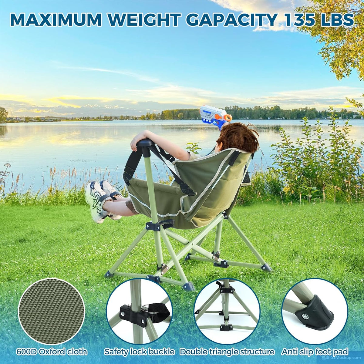 Skiennix Kids Hammock Chair - Adjustable & Portable Folding Camping Chair | Green, Supports 135 LBS