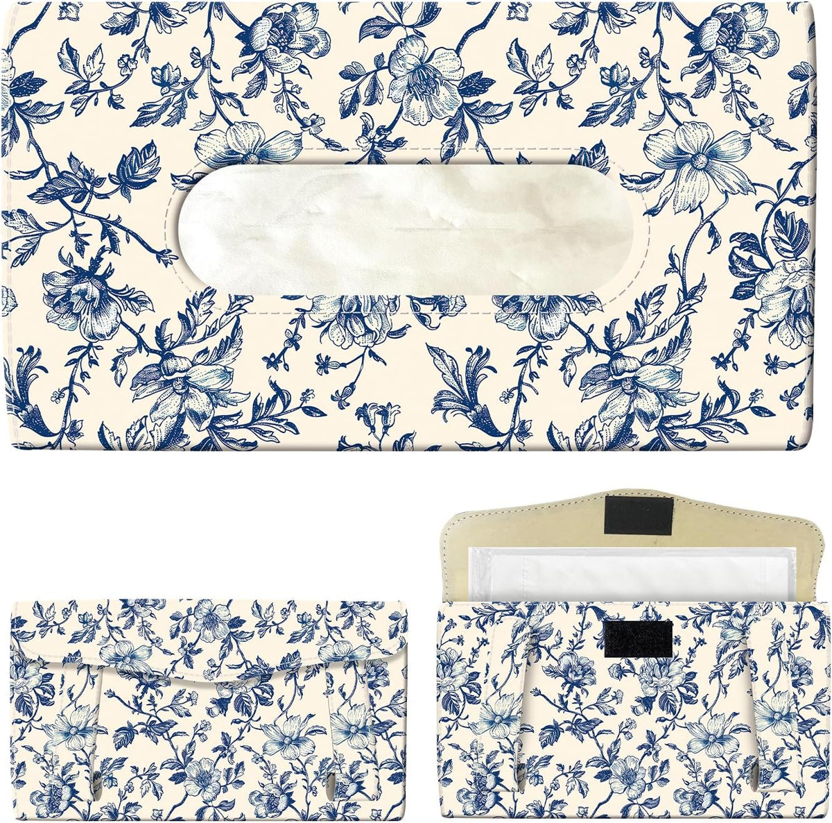 Car Tissue Holder, Cute Sun Visor Napkin Holder Backseat Tissue Case, PU Leather Tissue Box, Funny Car Accessories for Women Men Luxury Blue Flowers