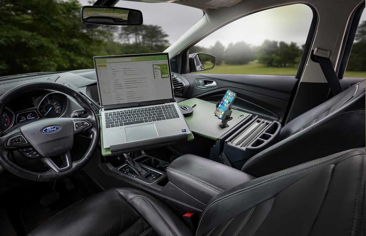AutoExec Reach Desk Front Seat Car Desk and Portable Workstation with Phone Mount and Phone Vent Clip, Army Green