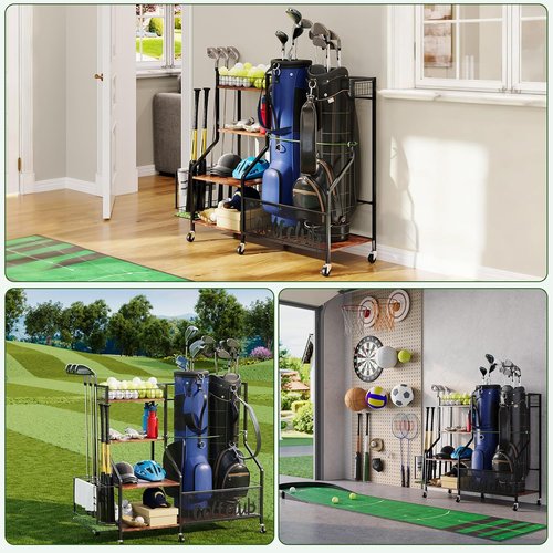 HavenlyYouth Golf Bag Storage Organizer - Fits 2 Bags | 360° Swivel Wheels, Wood Shelves, Anti-Tip Straps