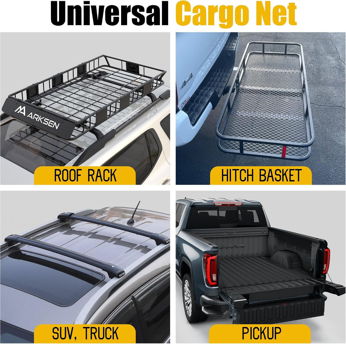 ARKSEN 17" x 33" Heavy Duty Tangle-Free Nylon Cargo Net (3.9" x 3.9" Mesh) Universal Bungee Stretches for Pickup, Truck, Bed, SUV, Roof Rack & Travel Luggage Rack