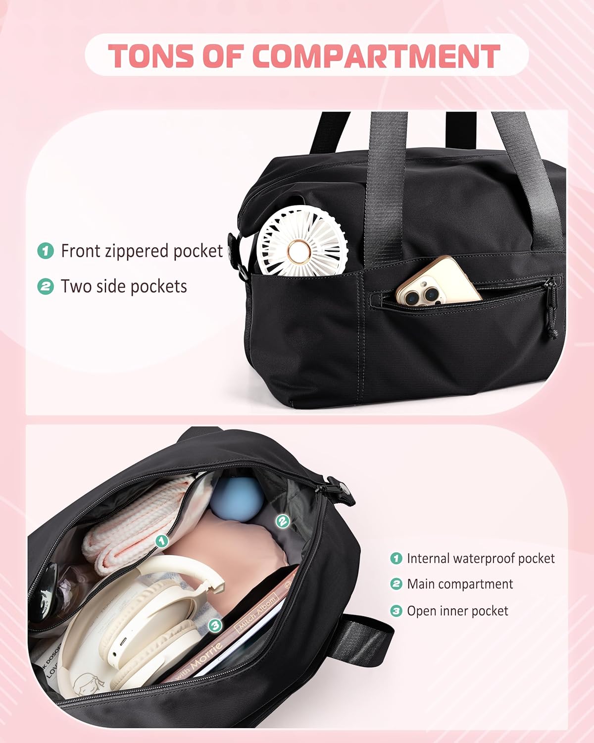 Smasrob Small Gym Bag - Yoga Mat Holder, Wet Pocket & Pouch | Black Duffle for Women with Crossbody Strap