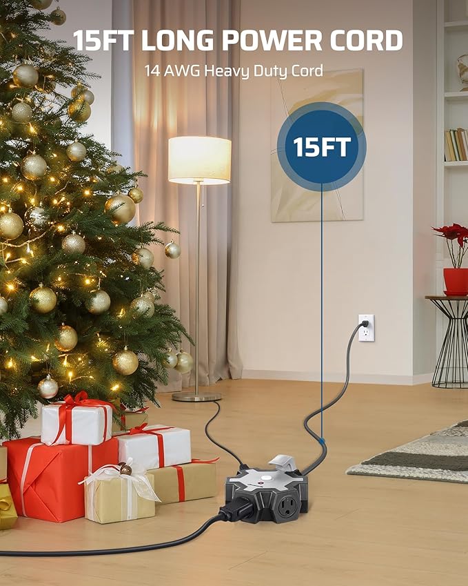 DEWENWILS Industrial Power Strip with 5-Outlet, 15FT Heavy Duty Extension Cord for Garage, Workshop, ETL Listed, 14/3 AWG SJTW, Circuit Breaker, Swivel Safety Covers