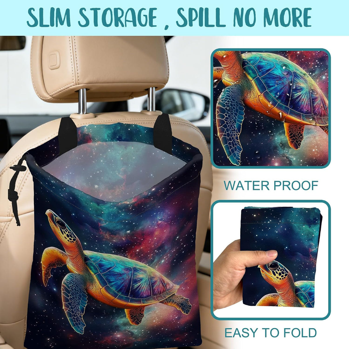 Colorful Galaxy Nebula Car Garbage Bag Sea Turtle Drawstring Car Trash Bag Hanging for Back Seat with Adjustable Buckle Canvas Vehicle Trash Can Easy-to-Install