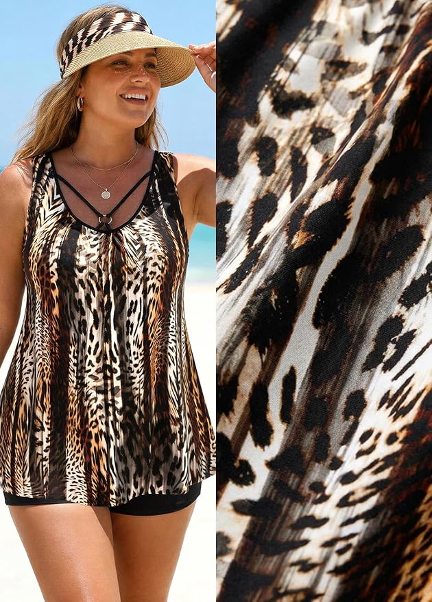 MODLILY Tummy Control Womens Tankini Swimsuits, Two Piece Metal Ring Bathing