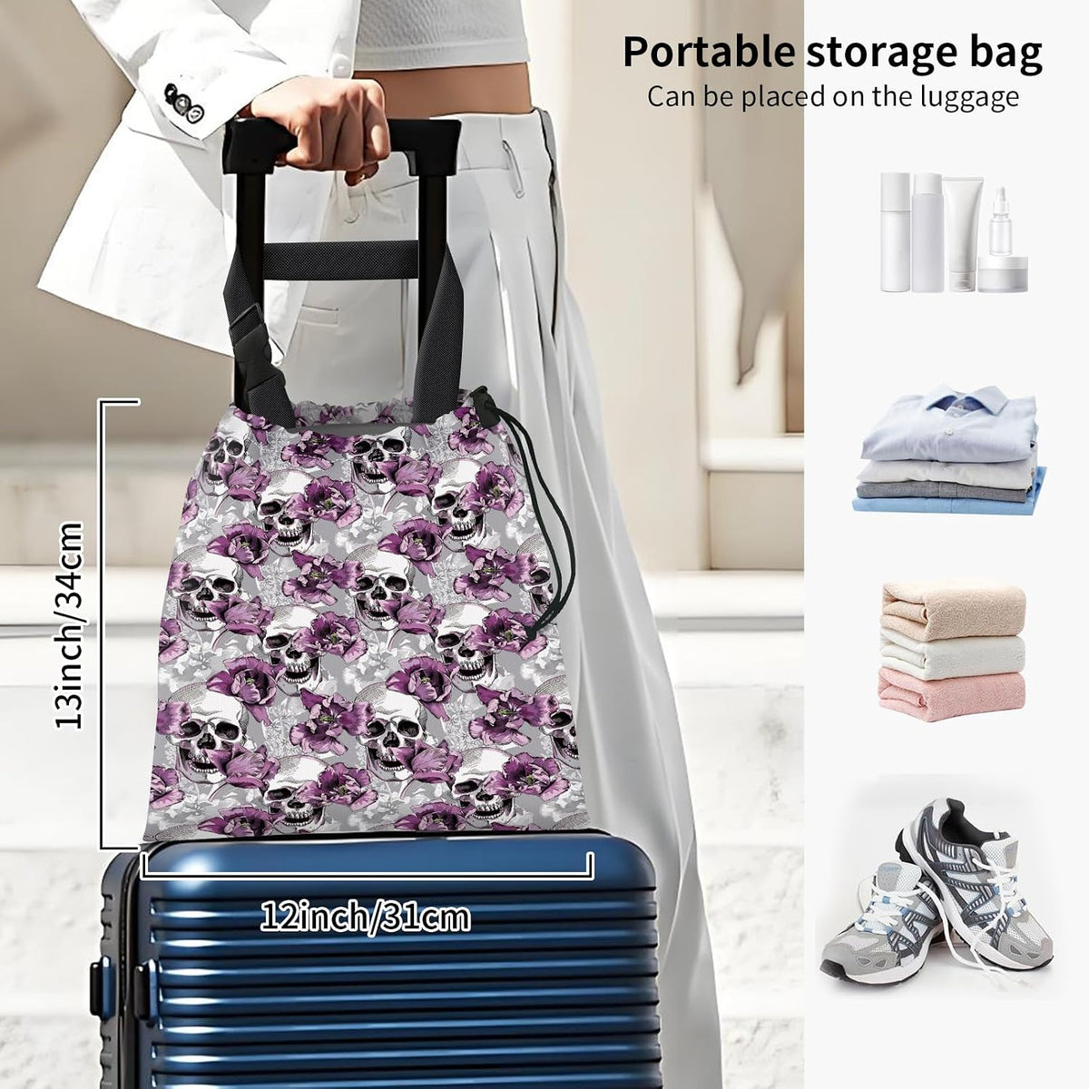 Car Trash Bag Large Hanging Can for Back of Seat, Cute Waterproof Car Garbage Bag for Vehicle, Travelling, Outdoor Purple Flower Skull