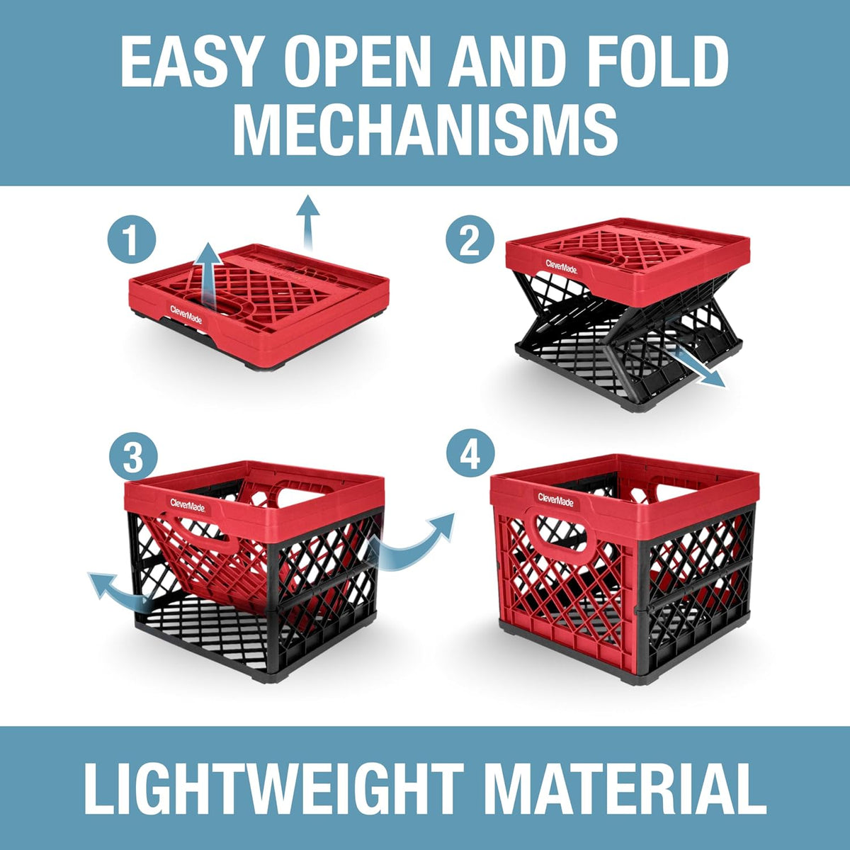 CleverMade Heavy Duty Collapsible Milk Crate, 25L, 6.6 Gal, 50 lb, Red | Stackable plastic storage crate with file rails for hanging folders and organizes garages, classrooms, offices and car trunks