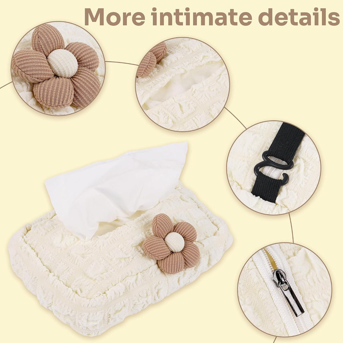 Lace Car Tissue Holder, Cute Flower Napkin Dispenser for Visor & Backseat, Hanging Soft Paper Storage Bag, Aesthetic Car Interior Accessories for Women (Cream White)