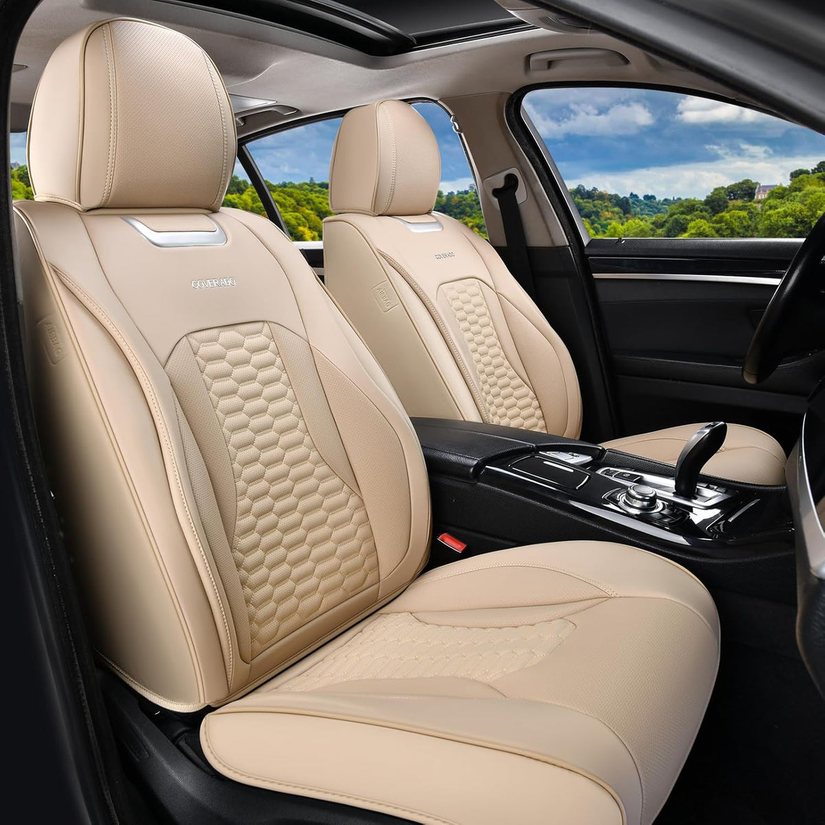 Coverado Car Seat Covers Front Seats, Luxury Leather Seat Covers for Cars, Automotive Car Seat Covers Protector Universal Fit Most Sedans, SUVs, Pick-up Trucks Interior Accessories(Beige)
