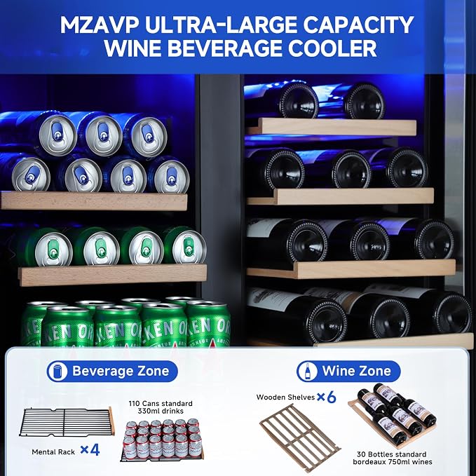 30 Inch Wine and Beverage Refrigerator, Dual Zone 30" Wine Fridge Under Counter/Freestanding, 30 Inch Wide Beverage Cooler with Glass Door, Holds 30 Bottles & 110 Cans for Home Bar Office, Black