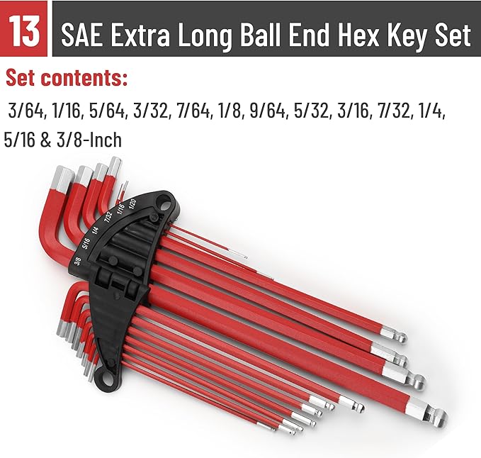 Bates- Long Allen Wrenches Sets, 13 Pack, 3.8" to 9" Length, SAE Hex Key Set (3/64" to 3/8"), Long Allen Wrench Set with Exrta Long Arm and Ball End for Precision, Mechanics, DIY, Home Repairs