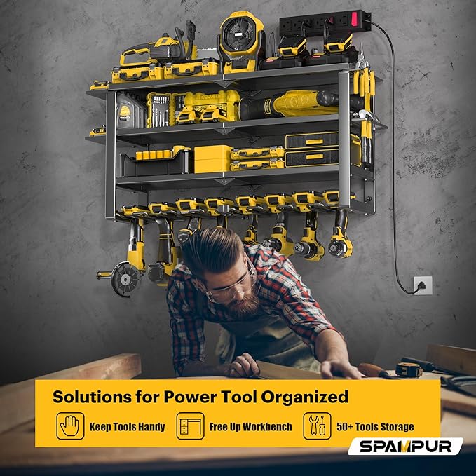 Spampur Large Power Tool Organizer Wall Mount, 4-Tier Rack with Charging Station & 8 Drill Holders, Garage Workshop Tool Storage, Gift for Husband/Dad
