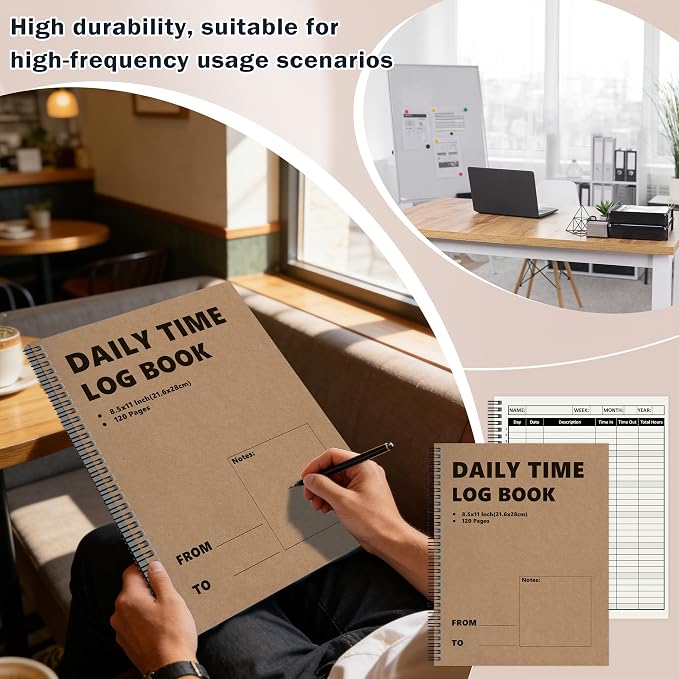 3 Pcs Daily Time Sheet Log Book Spiral 120 Pages 8.5x11 Inch Binder Work Hours