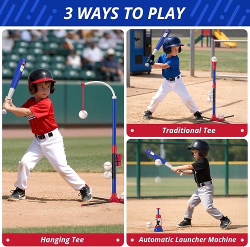 HYES 3-in-1 Baseball Set for Kids 3-5 | Adjustable Tee Ball Stand & Ball Launcher - Blue