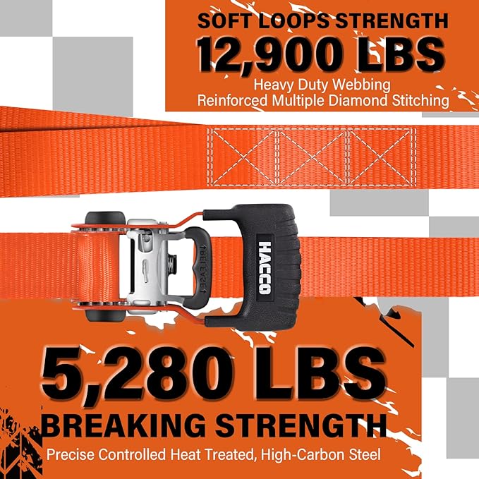 HACCOPLANET Ratchet Straps, 5280lb Break Strengeth, 1.6" Heavy Duty Ratchet Tie Down Strap Set w/Padded Handle, S Hook, Soft Loop for UTV Motorcycle Truck Cargo Straps (Orange, 8FT)