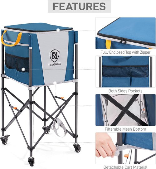 Ever Advanced Tennis Ball Hopper - 150 Capacity Rolling Cart with Side Pockets | Blue Sports Equipment Organizer (16.2 x 16.2 in)