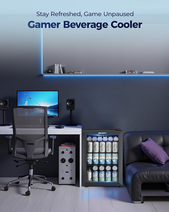 EUHOMY 100 Can Beverage Refrigerator cooler-Mini Fridge Glass Door for Beer Drinks Wines, Freestanding Beverage Fridge with Adjustable Shelves Blue LED for Home/Office/Dorm/Bar, 2.7 cu.ft