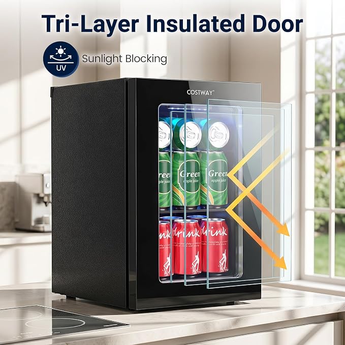 COSTWAY 24 Cans Beverage Refrigerator, 18L/0.6 Cu.Ft Countertop Mini Fridge | Quiet Drink Cooler with Touch Panel, 40-61℉ Thermostat, Tri-Layer Insulated Door and Blue LED Lights for Home Office & Bar