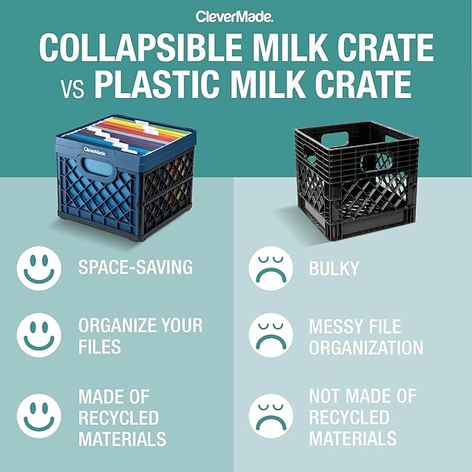 CleverMade Collapsible Milk Crate 25L (6.6 Gal) 3 Pack, 50 lb Capacity Heavy Duty Folding Crate – Stackable Storage Crates with File Rails, Plastic Collapsible Crates - Stone