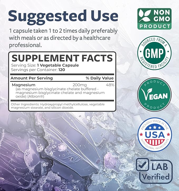 High Absorption Magnesium Bisglycinate Capsules - Clinically Validated Buffered and Chelated Magnesium Supplement - 1 Daily Vegan Capsule with Lab Verified Gentle Magnesium 200mg (4 Month Supply)