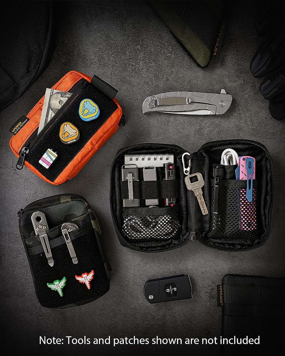 VIPERADE VE26 EDC Pouch Organizer with 11 Compartments, Small Tool Pouch with DIY Patches Area, EDC Pocket Organizer for Mutitools