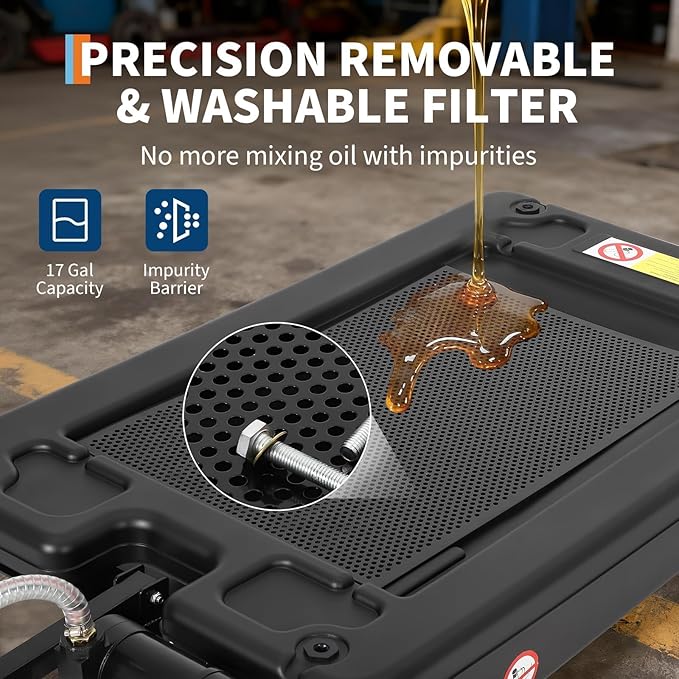Oil Drain Pan 17 Gallon Oil Drain Tank,64L Low Profile Oil Drain Pan with Electric Pump,Oil Catch Pans for Changing Oil,Foldable Hand, with Hose, Swivel Casters for Car, SUV, Trucks Oil Draining Black