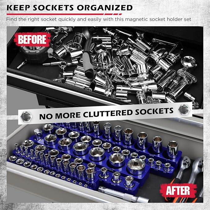 6-Piece 1/4" 3/8" 1/2"-Driver SAE Magnetic Socket Organizer Set (Holds 68 Sockets) - Detachable Tool Tray with 5mm Magnetic Base for Garage/Home Workshop(Sockets Not Included)