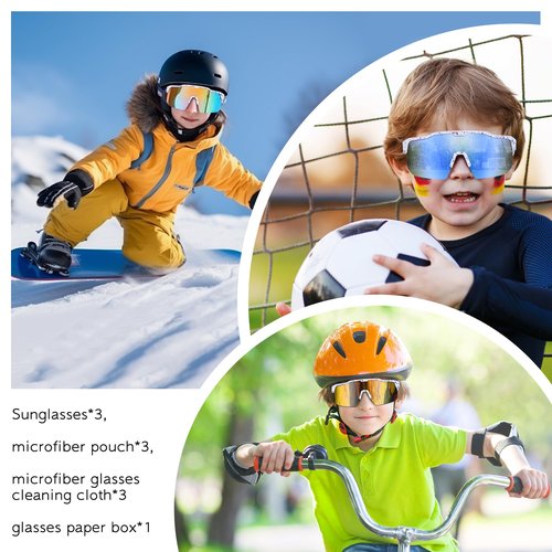 KesaPlan Kids Baseball Sunglasses, Youth Sports Sunglasses for Boys Girls 3-12 Sun Glasses for Cycling Running(Black/Green Mirrored + Green + White/Blue Mirrored)