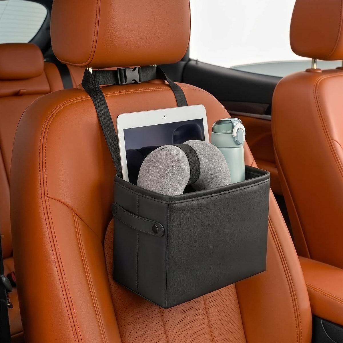 Car Seat Back Organizer, Hanging Leather Storage Caddy Kids, Black
