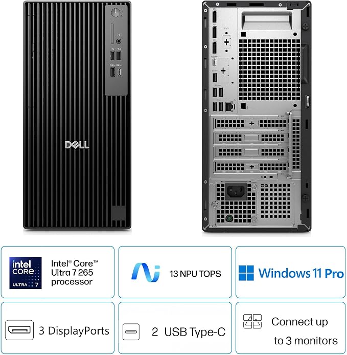 Dell Pro Tower Plus Core Ultra 7 256 32GB DDR5 2TB SSD Desktop Computer | AI Boost with Intel 20-Core up to 5.3GHz 13 TOPS NPU, DVD-RW, Triple 4K DisplayPort, 2 USB-C, Windows 11 Pro