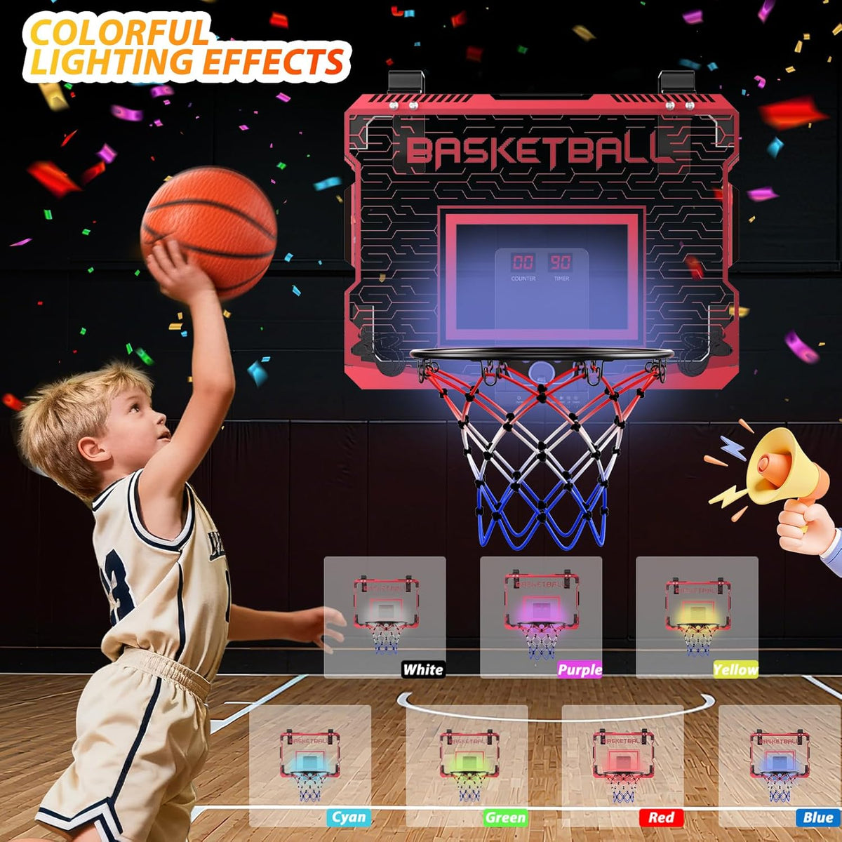 Skiennix Indoor Mini Basketball Hoop - Over The Door with LED Lights & Sound Effects | Includes 3 Balls, Perfect Sports Gift for Kids Ages 6-12