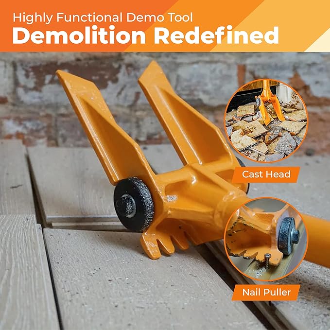 60” Demolition Pry Bar & Crowbar – Round Handle Wrecking Bar for Ceiling & Wall Demo – Heavy Duty Nail Puller Tool for Contractors, Firefighters & Home Renovations