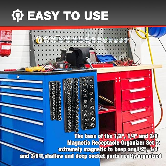 3Pcs 1/2", 1/4" and 3/8" Magnetic Socket Organizer Set,Metric Socket Holder Kit, Socket Trays，holds 75 Deep and Shallow 3/8" Sockets(sockets not included)