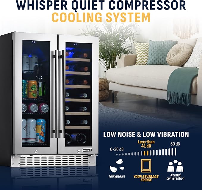 NewAir 24" Dual Zone Beverage Refrigerator & Wine Cooler for 18 Bottles & 60 Cans | Freestanding or Built-In Under Counter Mini Fridge for Beer, Wine and Soda | Stainless Steel