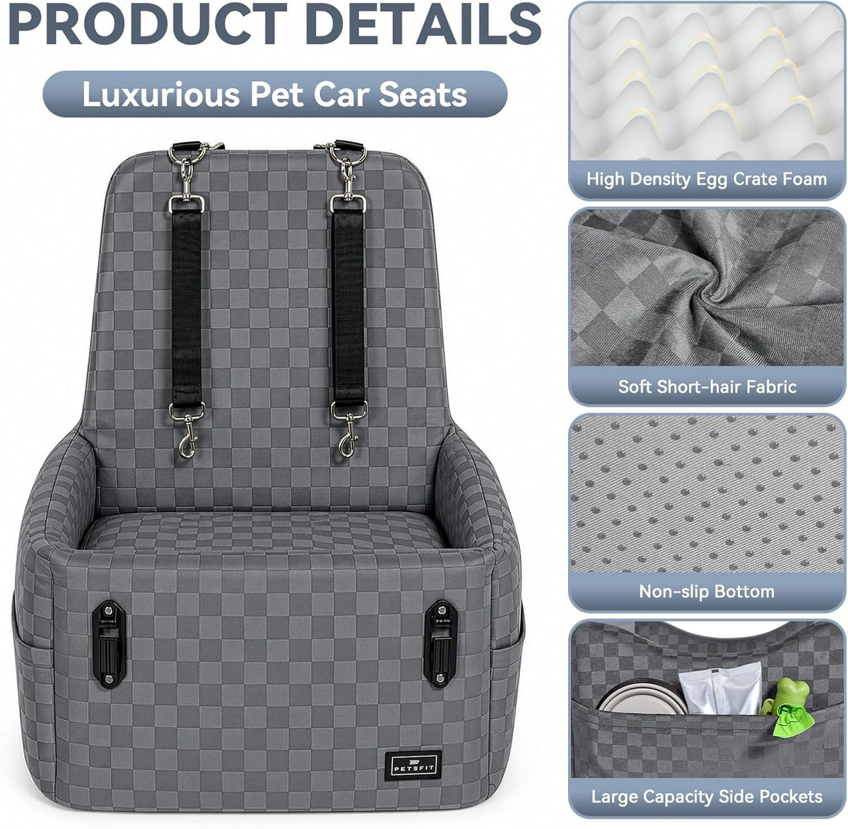 PETSFIT Dog Car Seat for Small/Medium Dogs Up to 35 lbs – Patented Safety System, 5" Memory Foam Pet Booster Car Seat, Fully Detachable and Washable Dog Carseat with 2 Storage Pockets (Grey)