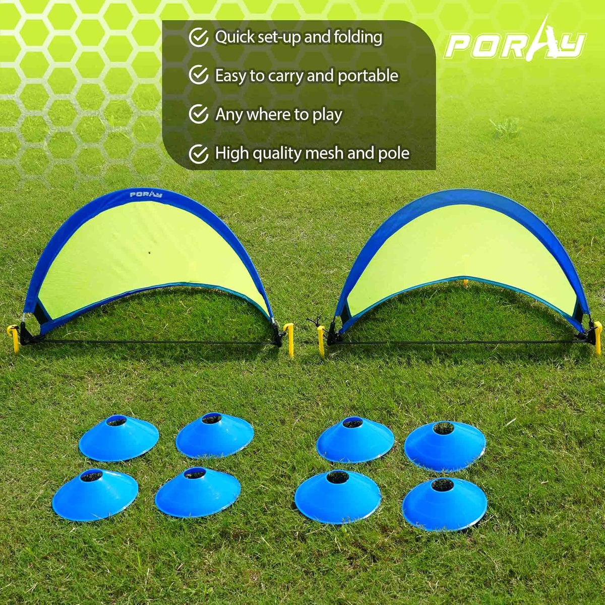 Poray Soccer Goal Set - Portable 210D Oxford Soccer Nets with 8 Field Marker Cones & Extra Stakes | Ideal for Kids' Backyard Training