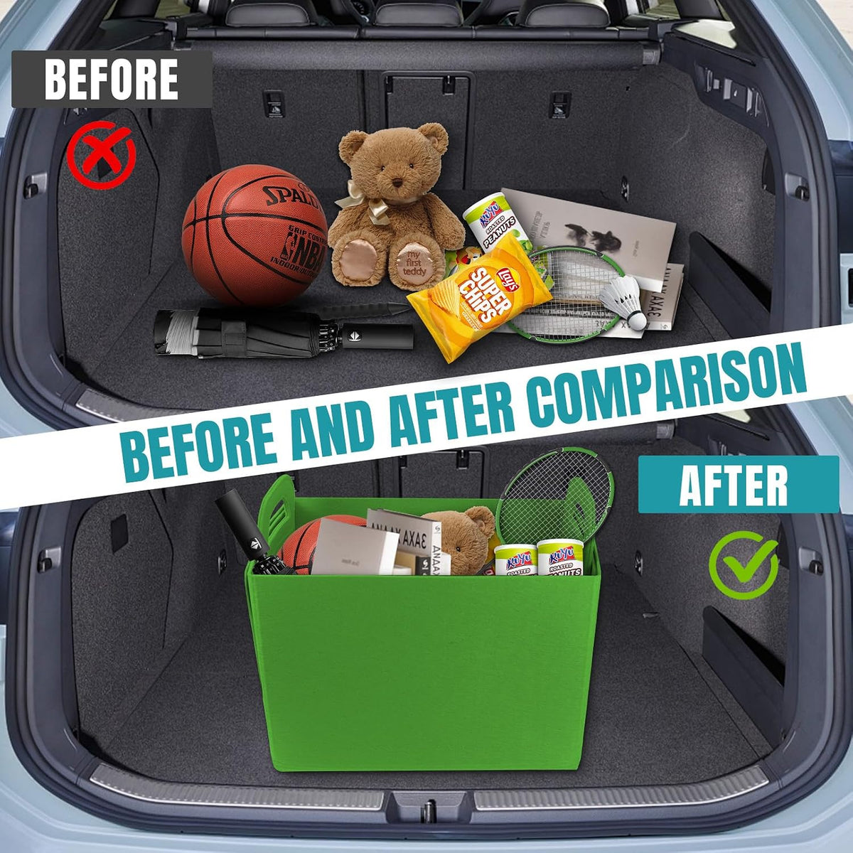 Hovom 2PCS Car Trunk Organizer, Foldable Trunk Organizer for SUV, Collapsible Felt Vehicle Organizers and Storage Box, Universal Felt Storage Basket, Travel Essentials, Car Accessories (Green)