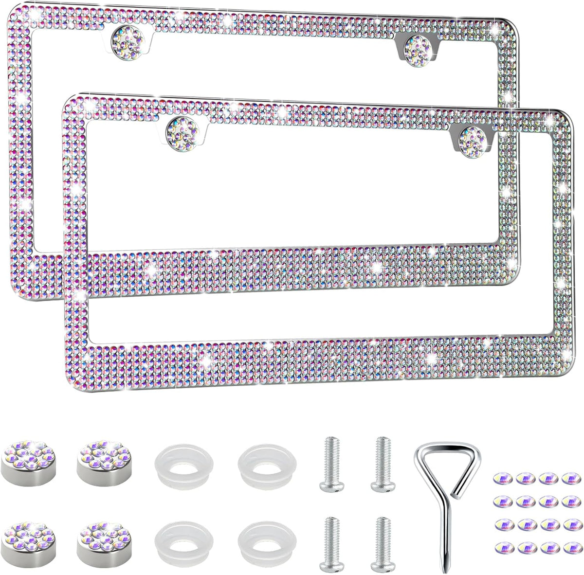 GaRhomxy Bling License Plate Frames for Women, 2 Pack Handcrafted Sparkly Rhinestone Car Accessories, Premium Stainless Steel Frame with 1000+ Faceted Glass Crystals & Free Glitter Caps (Colorful)