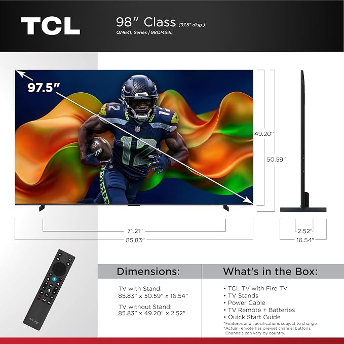 TCL 98 Inch Class QM64L Series | Mini LED QLED 4K HDR Smart Fire TV | 98QM64L, 2026 | 120Hz-144Hz High Brightness, Dolby Vision Atmos, Alexa+ Voice Remote AI Streaming Television | Amazon Exclusive