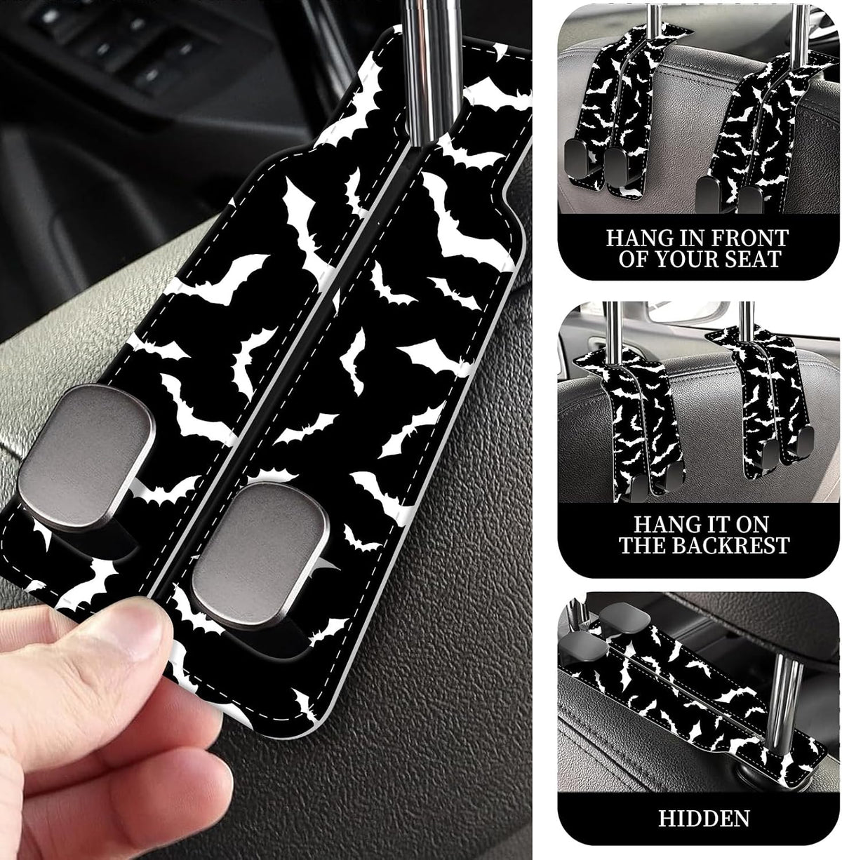 PU Leather Car Seat Hook, Storage Headrest Hanger, Cute Car Backseat Organizer, Car Hooks For Purses and Bags Black White Bat