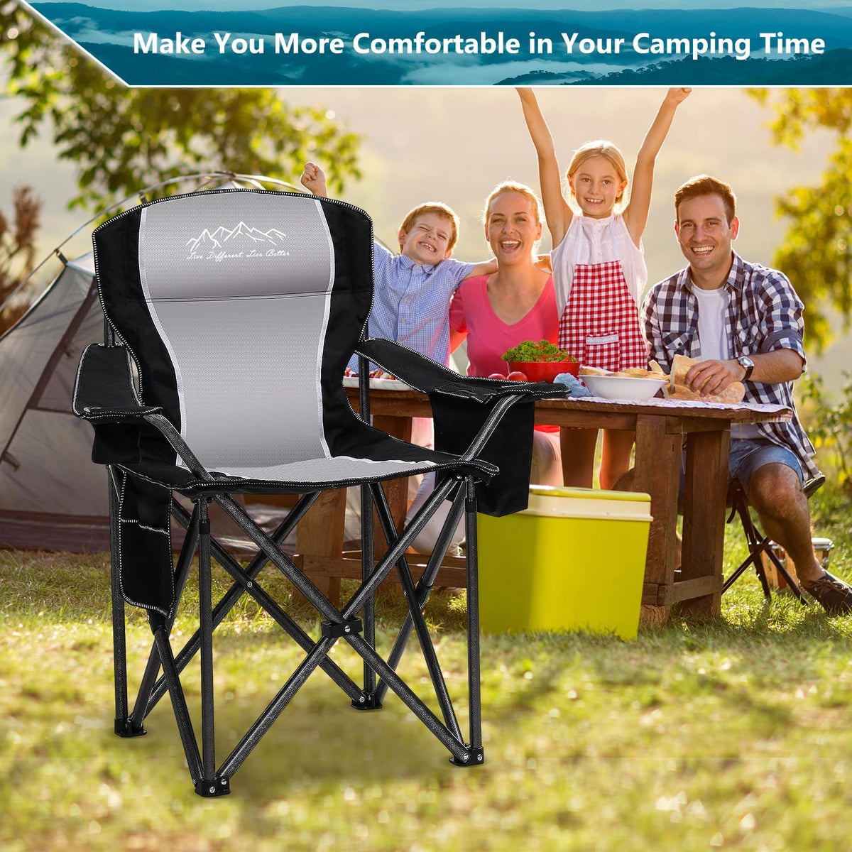 Skiennix Folding Camping Chair - Heavy Duty Portable Lawn Chair with Cooler Bag & Cup Holder | Supports 450lbs, Black