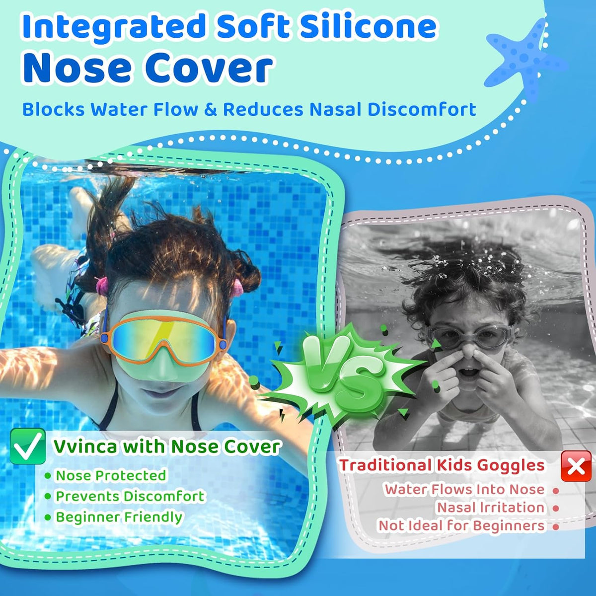 Vvinca Kids Swim Goggles - Anti-Fog UV Protection & Nose Cover | 2 Pack for Ages 3-14