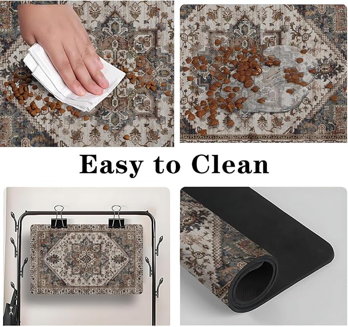 Dog Food Mats for Floors, Absorbent and Quick-Drying Pet Cat Food Mat,Anti-Fouling and Easy-to-Clean Pet Feeding Mat,Dog Bowl Mat for Messy Drinking Water Bowls.12 x20, Bohemia Style