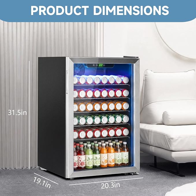 Erivess Mini Fridge 145Can Beverage Refrigerator Cooler Glass Door for Soda | 130L Drink Fridge for Home/Bar/Office with LED Display, Digital Temperature Control, Removable Shelves for Beer, Wine, Silver