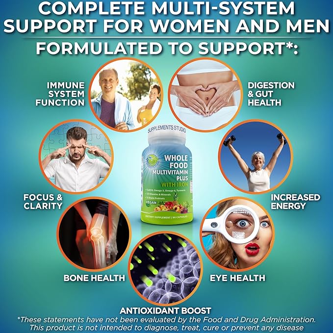 Vegan Whole Food Daily Multivitamin with Iron, Methylated Multivitamin for Women and Men, Made with Fruits & Vegetables, B-Complex, Probiotics, Enzymes, CoQ10, Omegas, Turmeric, Non-GMO, 90 Count