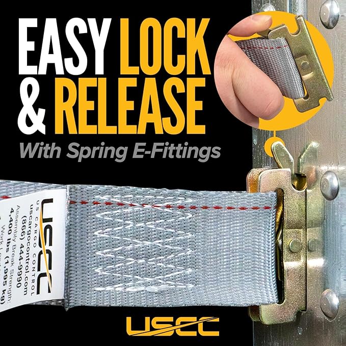US Cargo Control Double-Fitted E Track Straps 2" x 16' (10 Pack), 4,400 LBS Break Strength, Gray Heavy Duty E Track Ratchet Straps with 3 Spring E-Fittings, Versatile 2-in-1 Logistic Tiedowns