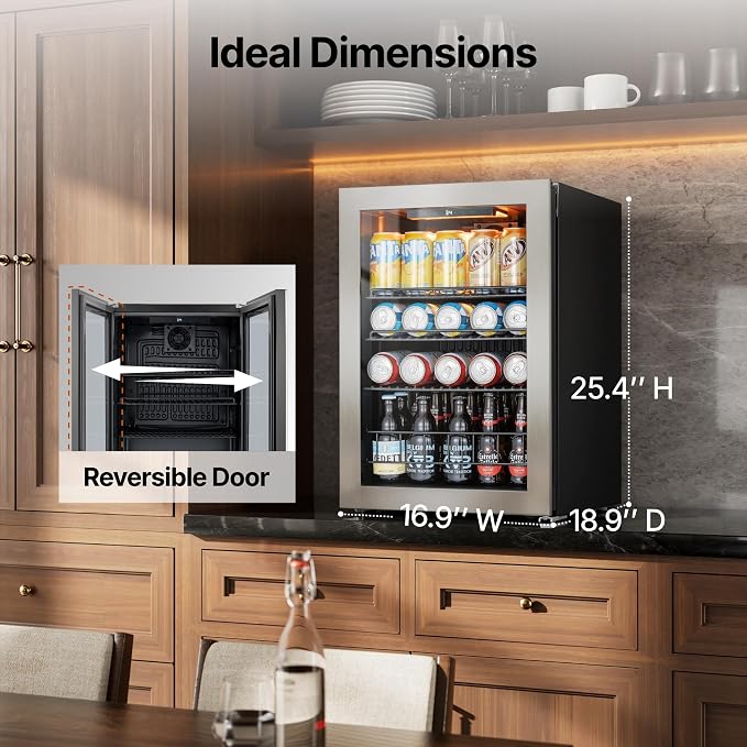 Ca'Lefort 85 Cans Mini Fridge, Beverage Refrigerator Cooler for Drink, Beer | 2.18 Cu.ft, Low-noise, Reversible Glass Door, 3-Color LED Lighting, Adjustable Shelves, 34℉ to 54℉