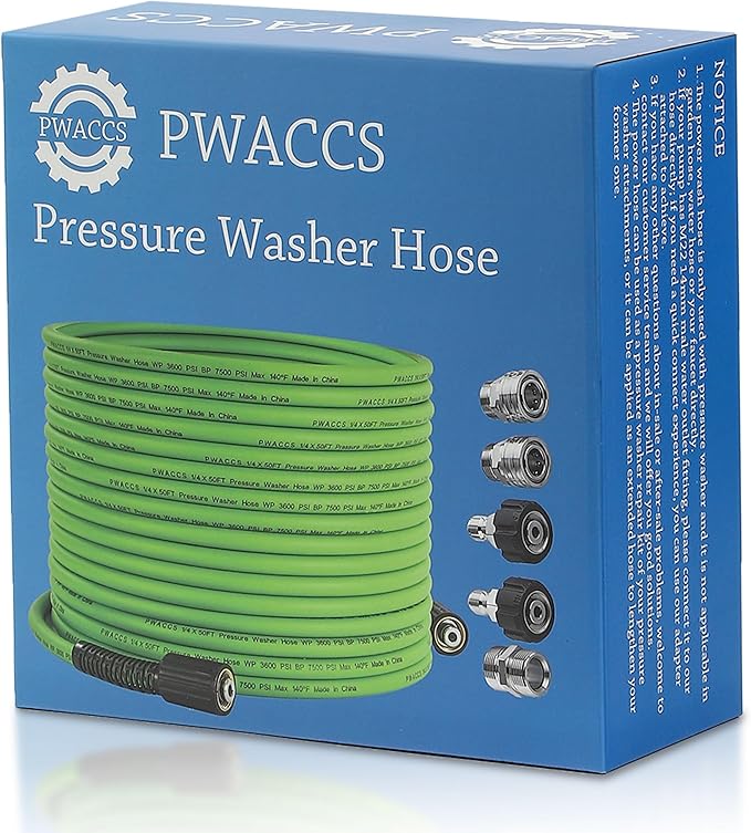 PWACCS Pressure Washer Hose 50 FT x 1/4", Power Washer Hose Kink Resistant, Universal High-Pressure Washing Extension Hoses Replacement, Compatible with M22 Stainless Steel Fittings, 3600 PSI, Green